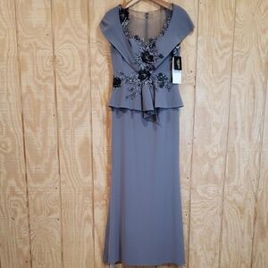 Daymor Couture NWT Nickel Gray Embroidered Peplum Skirt Maxi Dress Size 6 #858